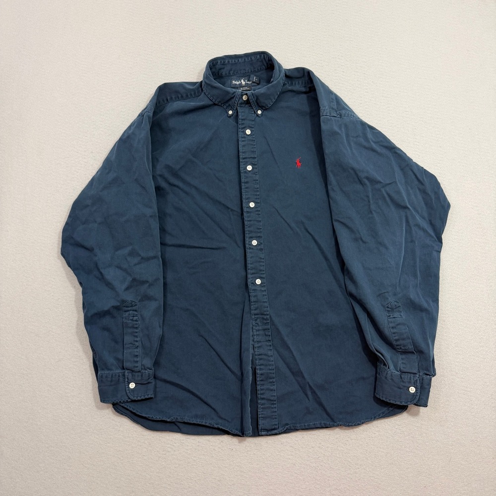 Vintage Polo Ralph Lauren Button Shirt XXL Navy Blue Blake Long Sleeve Cotton